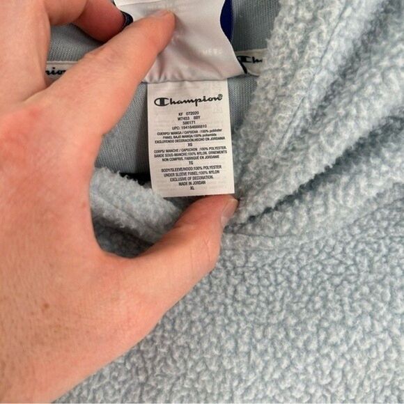 Women's Champion Logo Sherpa Fleece Hooded Pullover Sweater Light Blue XL - Picture 4 of 10